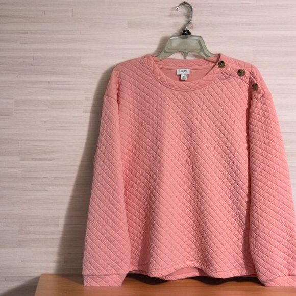 J.Crew Pink Quilted Crewneck Sweatshirt Size M Cozy Soft Pullover 3-Button - Picture 1 of 5